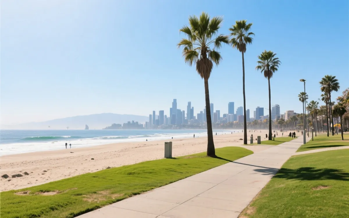 海滩与城市景点结合的洛杉矶旅行动线示意视觉