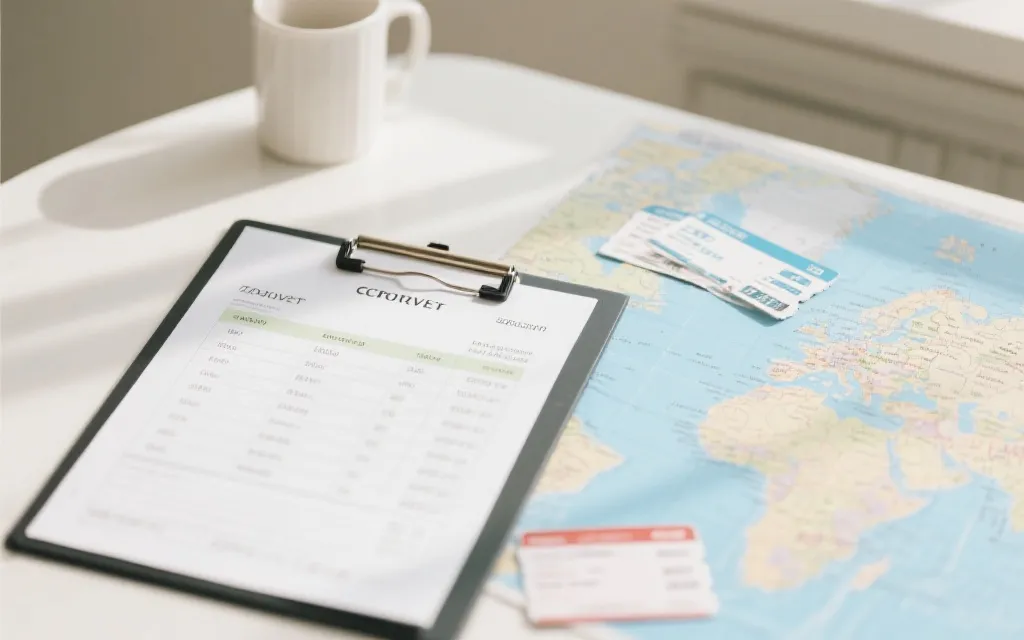旅行者在桌面上摊开预算清单与地图，旁边有车票与笔记本